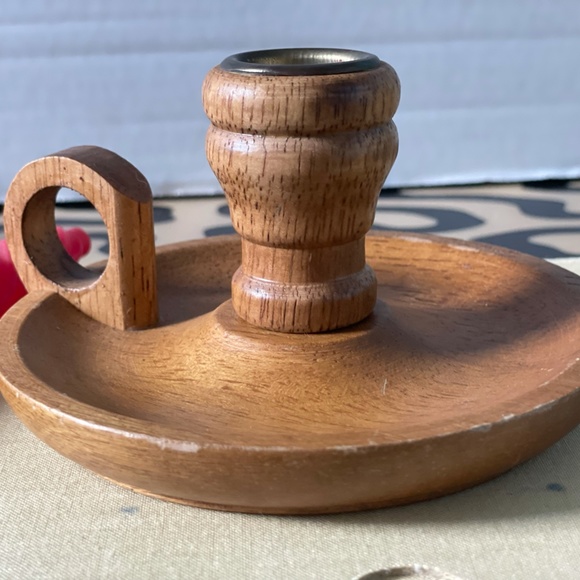 Vintage Wooden & Brass Candle Holder 5" & Twisted Red Candle 6" - Midcentury Mod - Picture 8 of 10